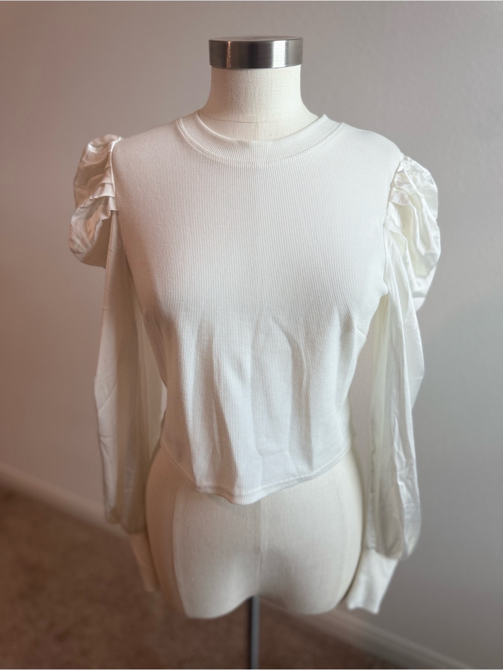 Revamped White Ribbed Long Sleeve Top with Puff Shoulders